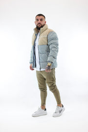 Retro denim teddy puffer jacket blue cream