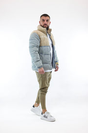 Retro denim teddy puffer jacket blue cream