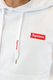 Sweat branca Supreme Spain pormenor Capuz